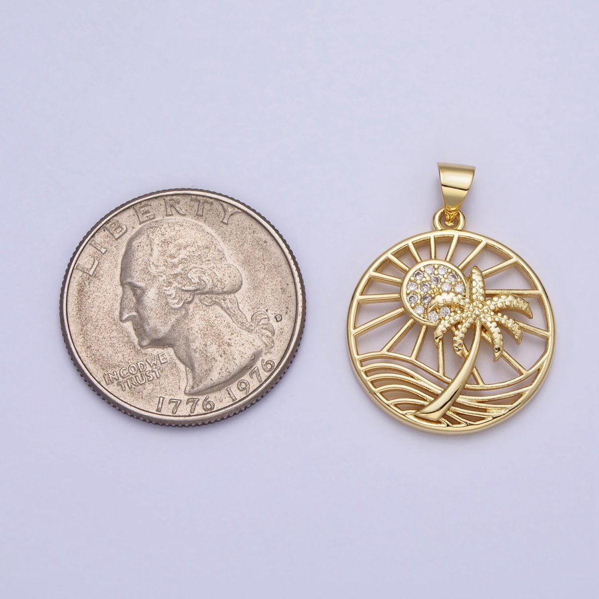 Gold Sunny Beam Beach Palm Tree Clear Micro Paved CZ Round Open Charm | AA162