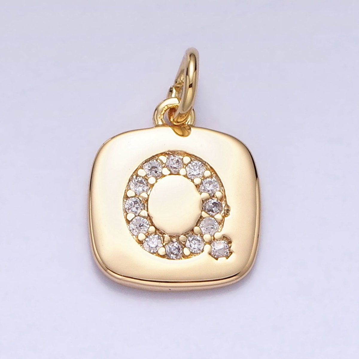 Gold Tag Square CZ Clear Micro Paved Initial Alphabet Dainty Personalized Name Tag Charm | A198-A210