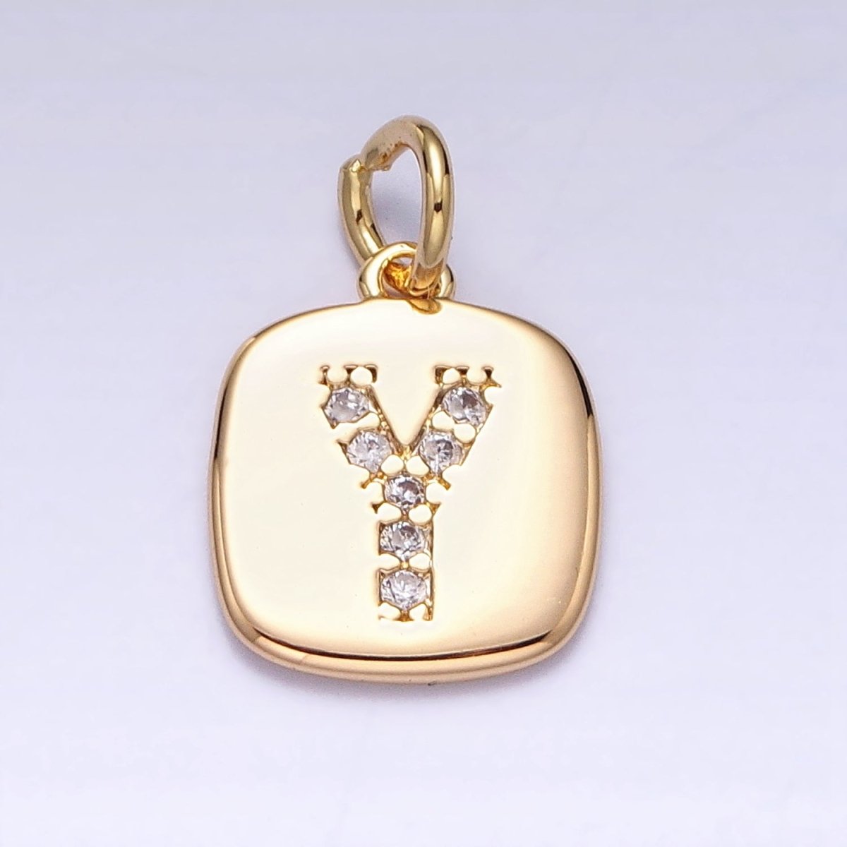 Gold Tag Square CZ Clear Micro Paved Initial Alphabet Dainty Personalized Name Tag Charm | A198-A210
