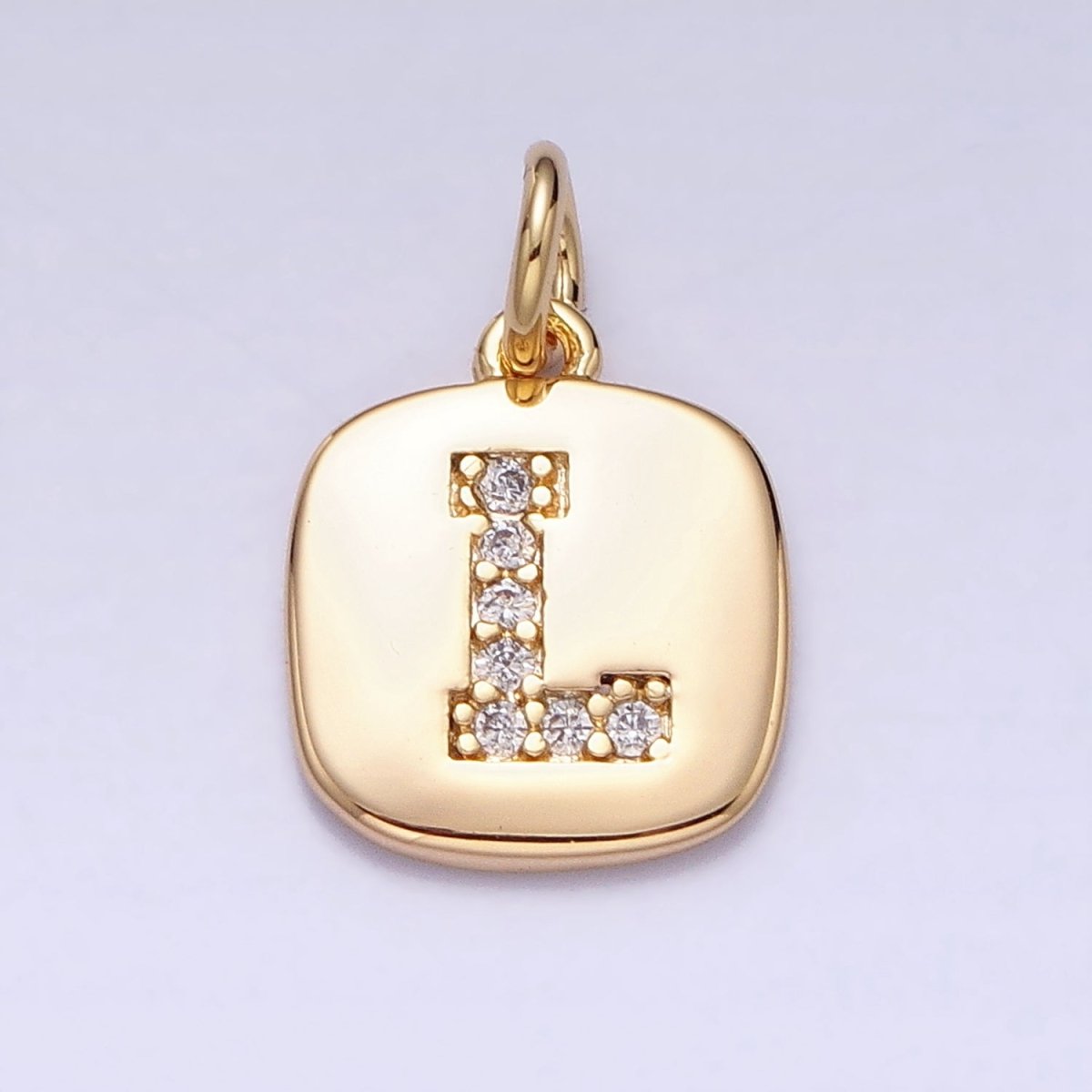 Gold Tag Square CZ Clear Micro Paved Initial Alphabet Dainty Personalized Name Tag Charm | A198-A210