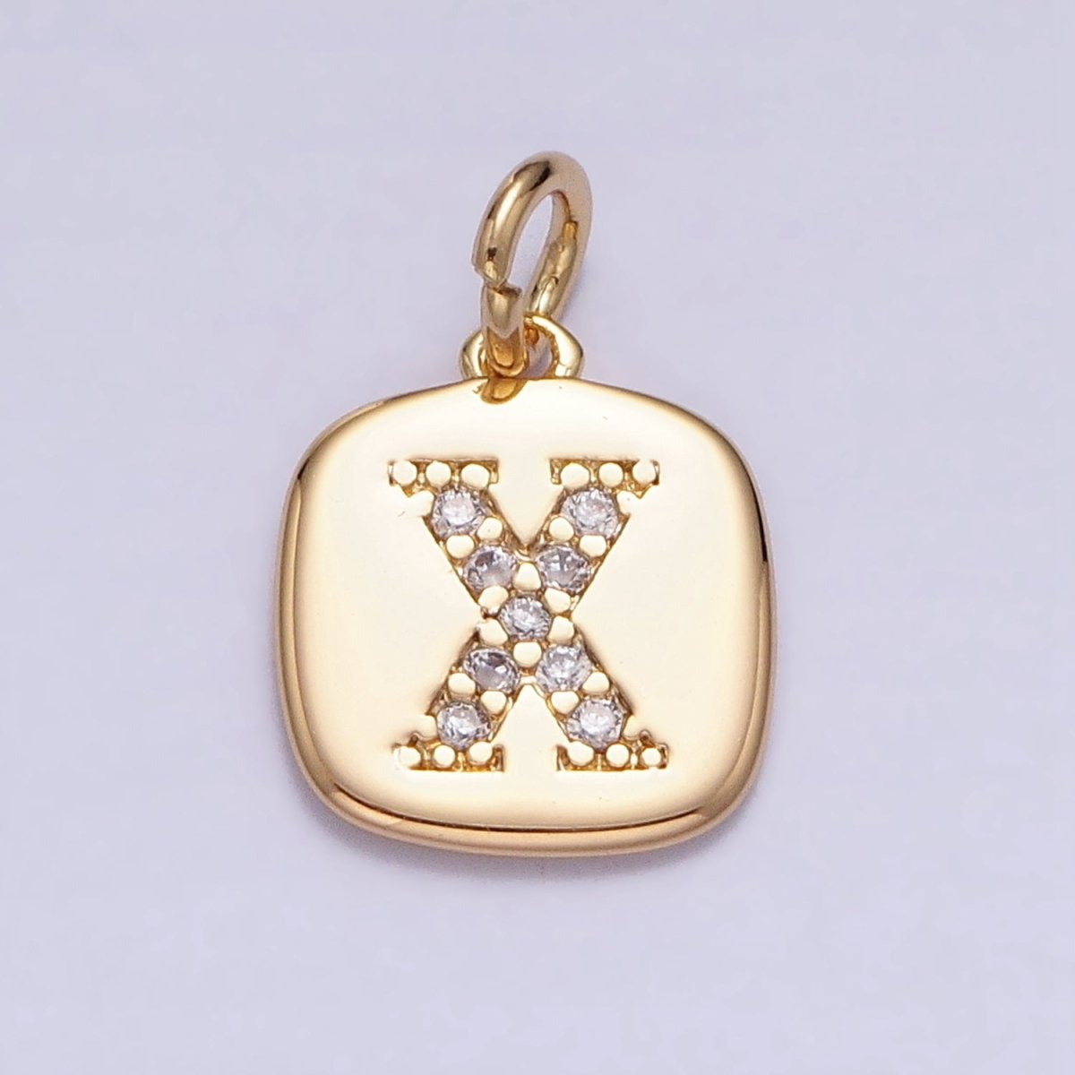 Gold Tag Square CZ Clear Micro Paved Initial Alphabet Dainty Personalized Name Tag Charm | A198-A210