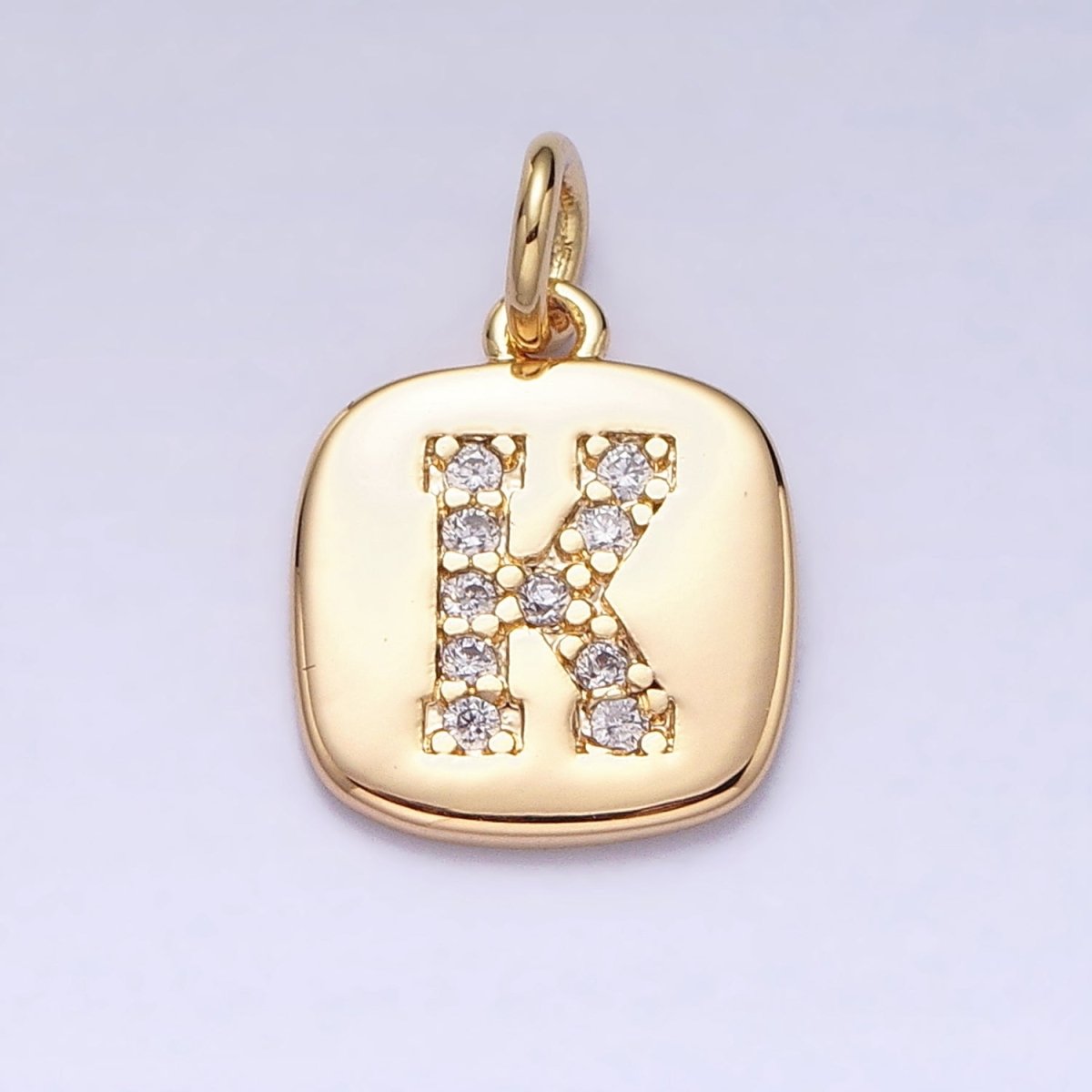 Gold Tag Square CZ Clear Micro Paved Initial Alphabet Dainty Personalized Name Tag Charm | A198-A210
