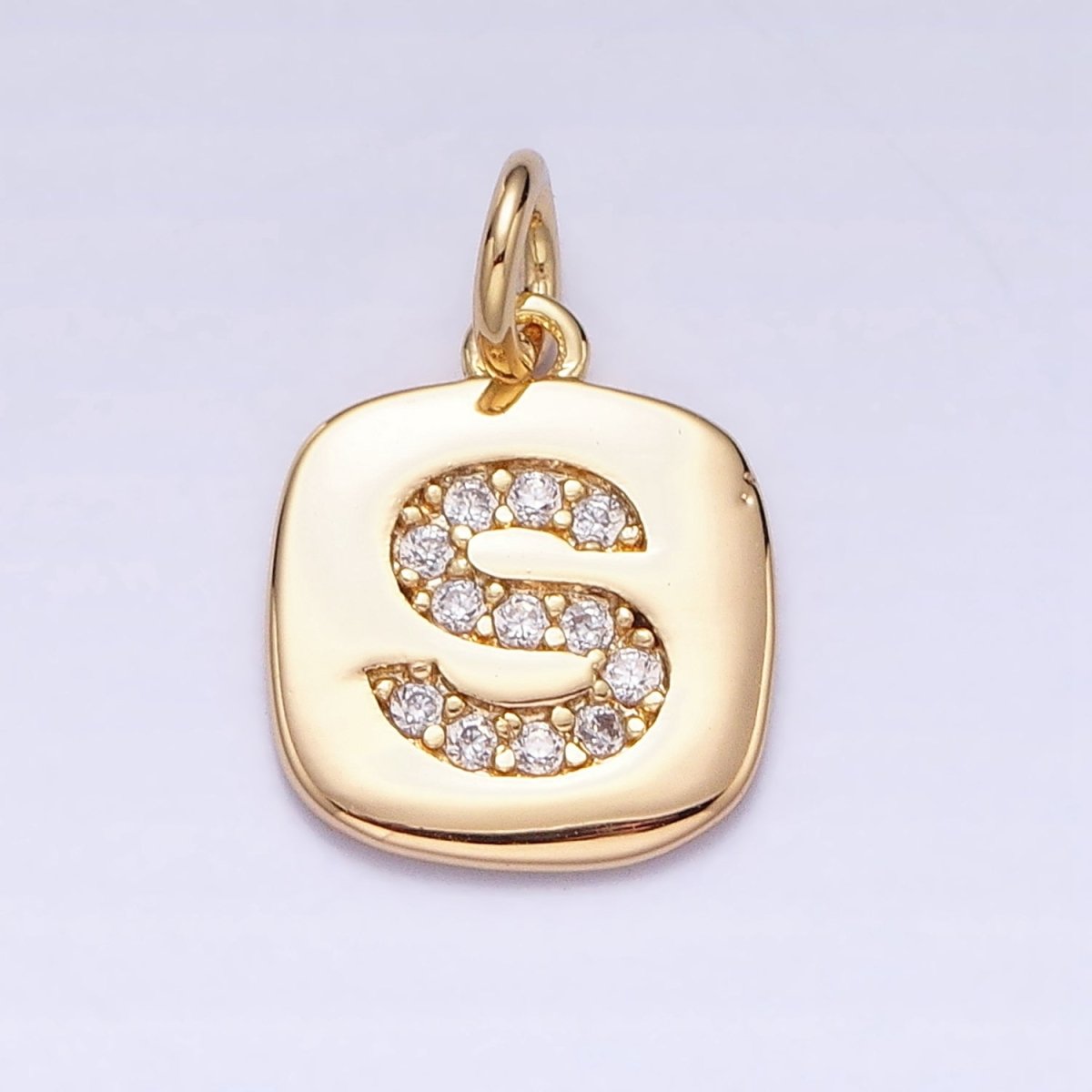 Gold Tag Square CZ Clear Micro Paved Initial Alphabet Dainty Personalized Name Tag Charm | A198-A210