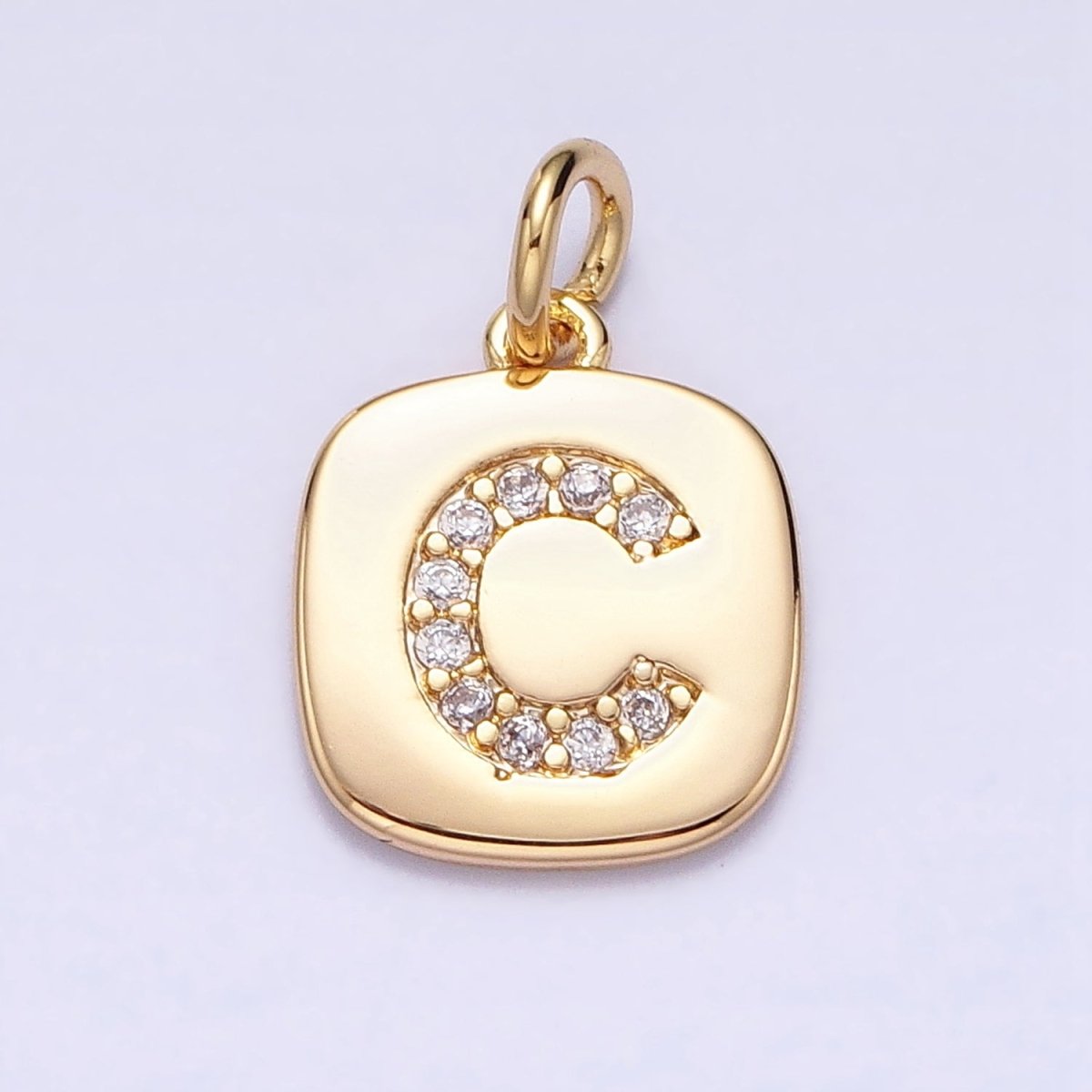 Gold Tag Square CZ Clear Micro Paved Initial Alphabet Dainty Personalized Name Tag Charm | A198-A210