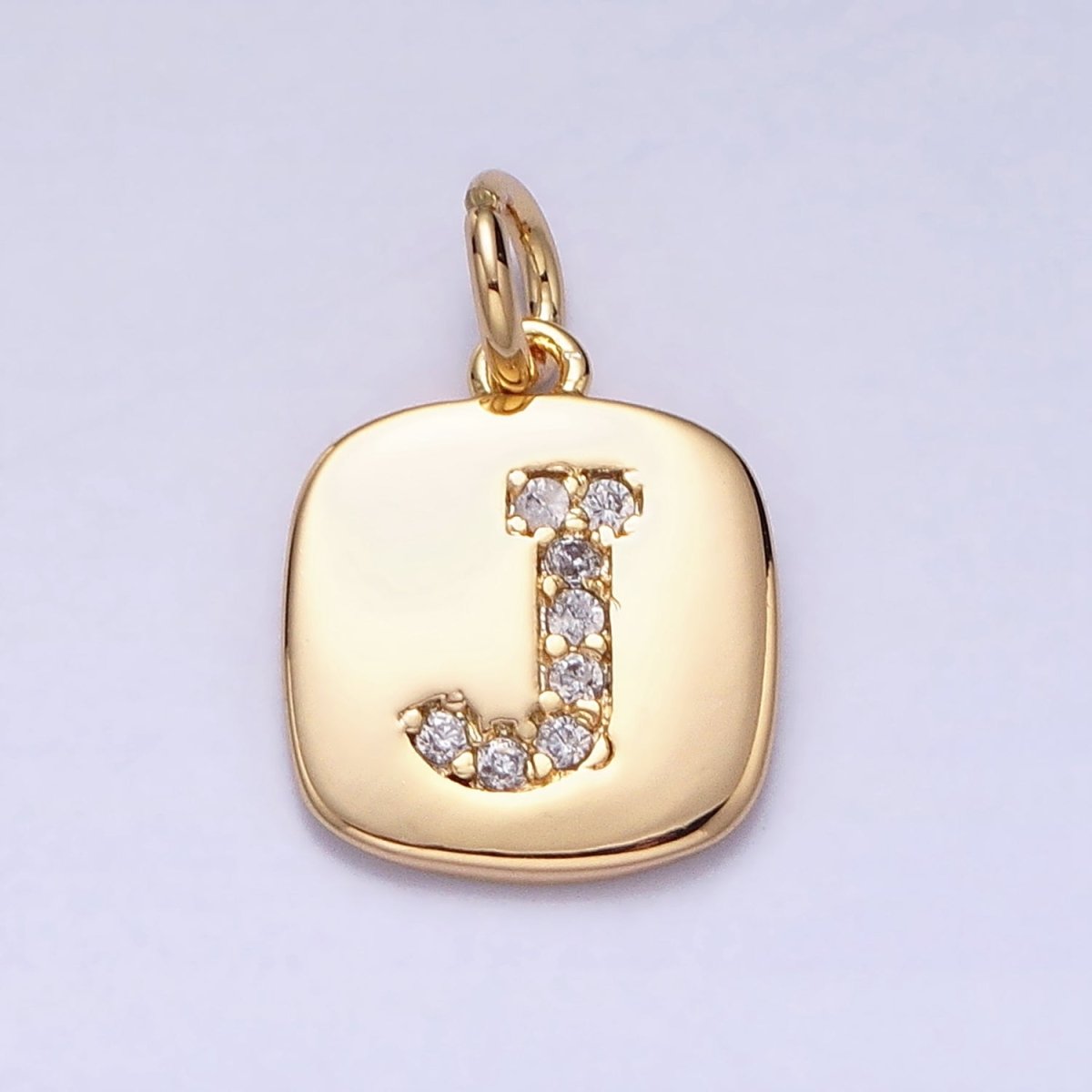 Gold Tag Square CZ Clear Micro Paved Initial Alphabet Dainty Personalized Name Tag Charm | A198-A210