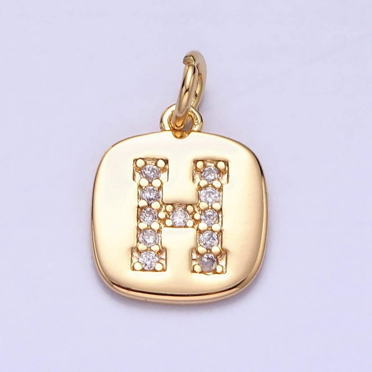 Gold Tag Square CZ Clear Micro Paved Initial Alphabet Dainty Personalized Name Tag Charm | A198-A210