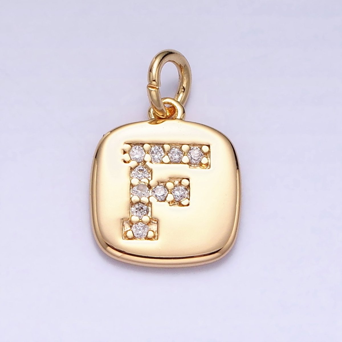 Gold Tag Square CZ Clear Micro Paved Initial Alphabet Dainty Personalized Name Tag Charm | A198-A210
