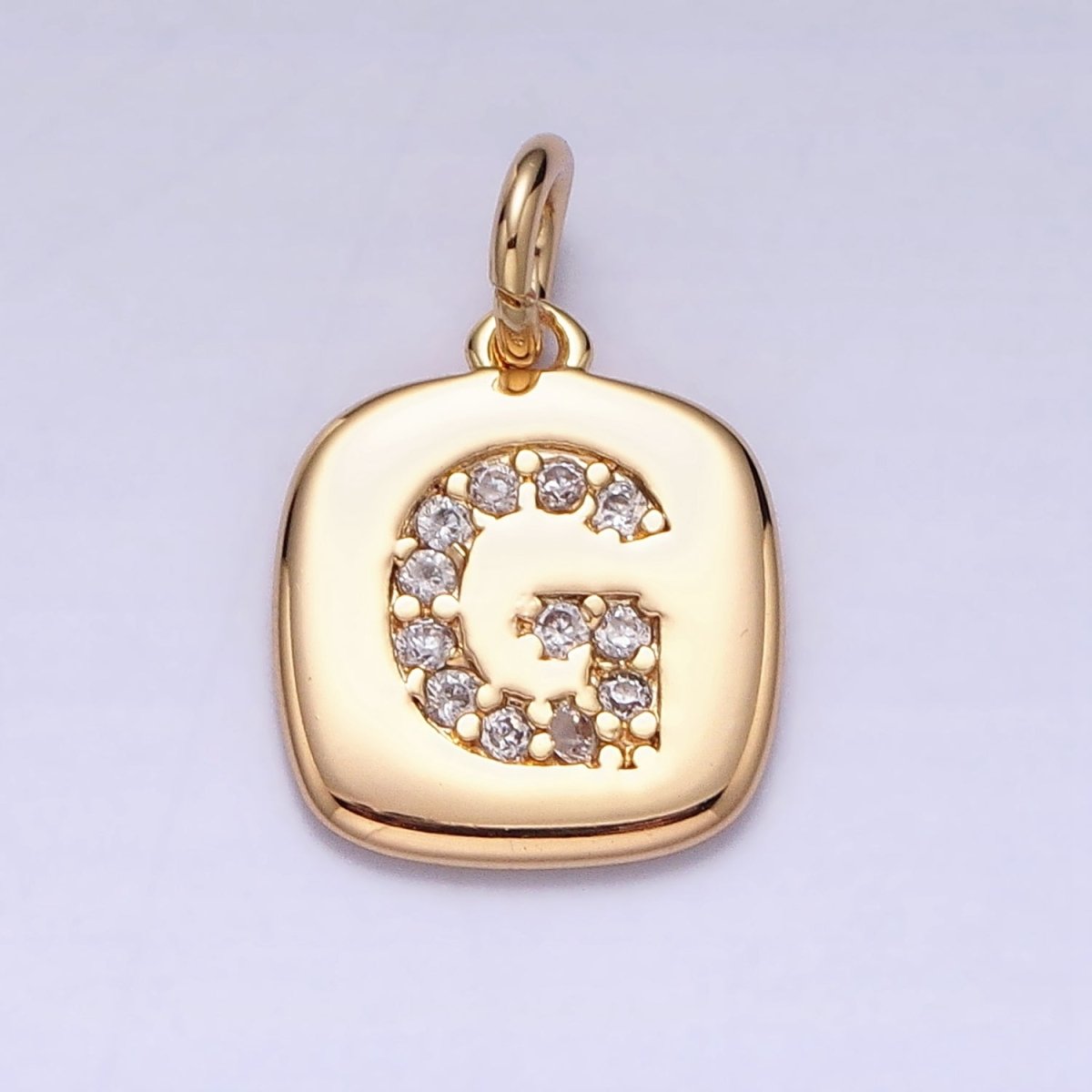 Gold Tag Square CZ Clear Micro Paved Initial Alphabet Dainty Personalized Name Tag Charm | A198-A210