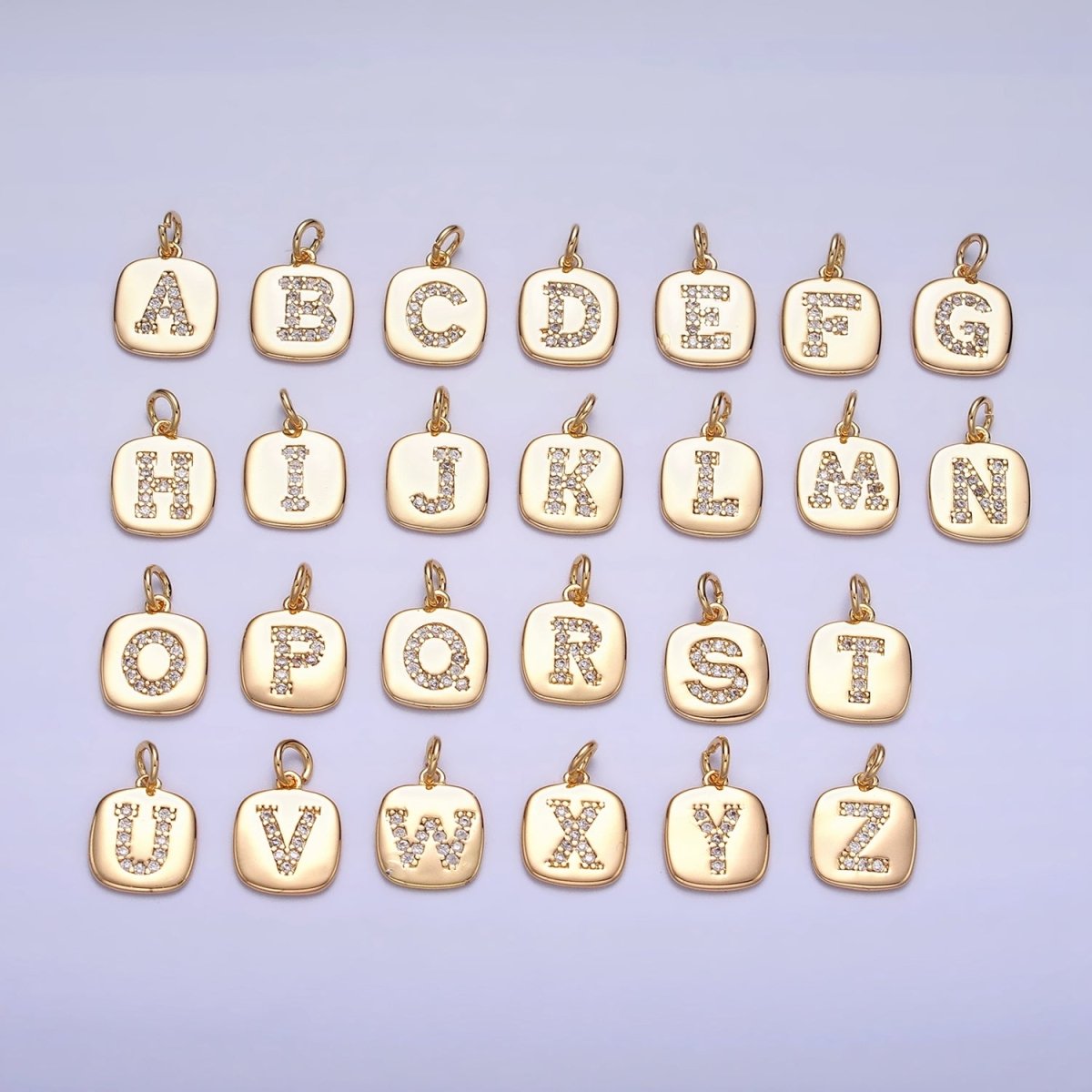 Gold Tag Square CZ Clear Micro Paved Initial Alphabet Dainty Personalized Name Tag Charm | A198-A210