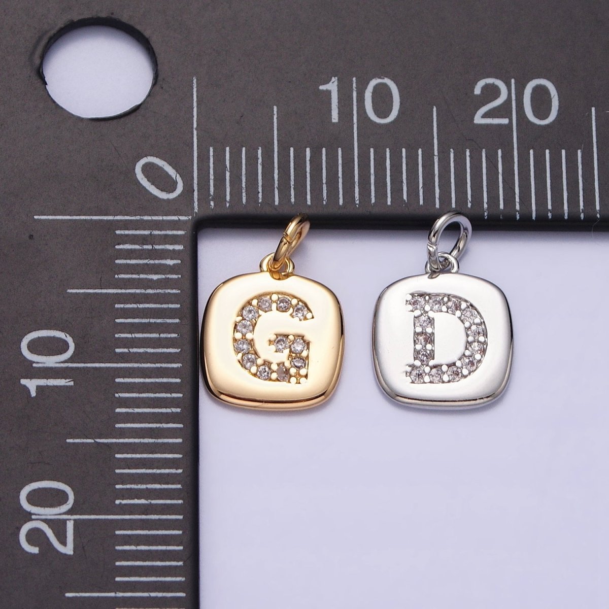 Gold Tag Square CZ Clear Micro Paved Initial Alphabet Dainty Personalized Name Tag Charm | A198-A210