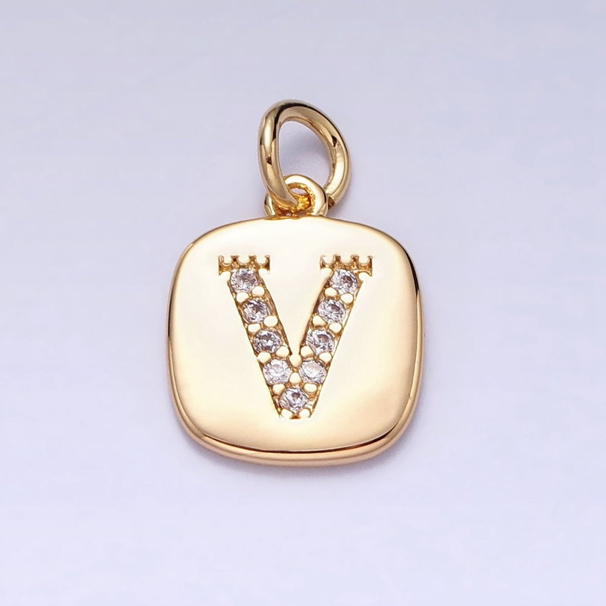 Gold Tag Square CZ Clear Micro Paved Initial Alphabet Dainty Personalized Name Tag Charm | A198-A210