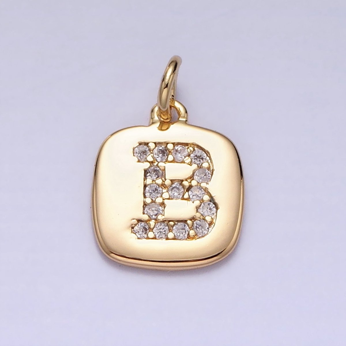 Gold Tag Square CZ Clear Micro Paved Initial Alphabet Dainty Personalized Name Tag Charm | A198-A210