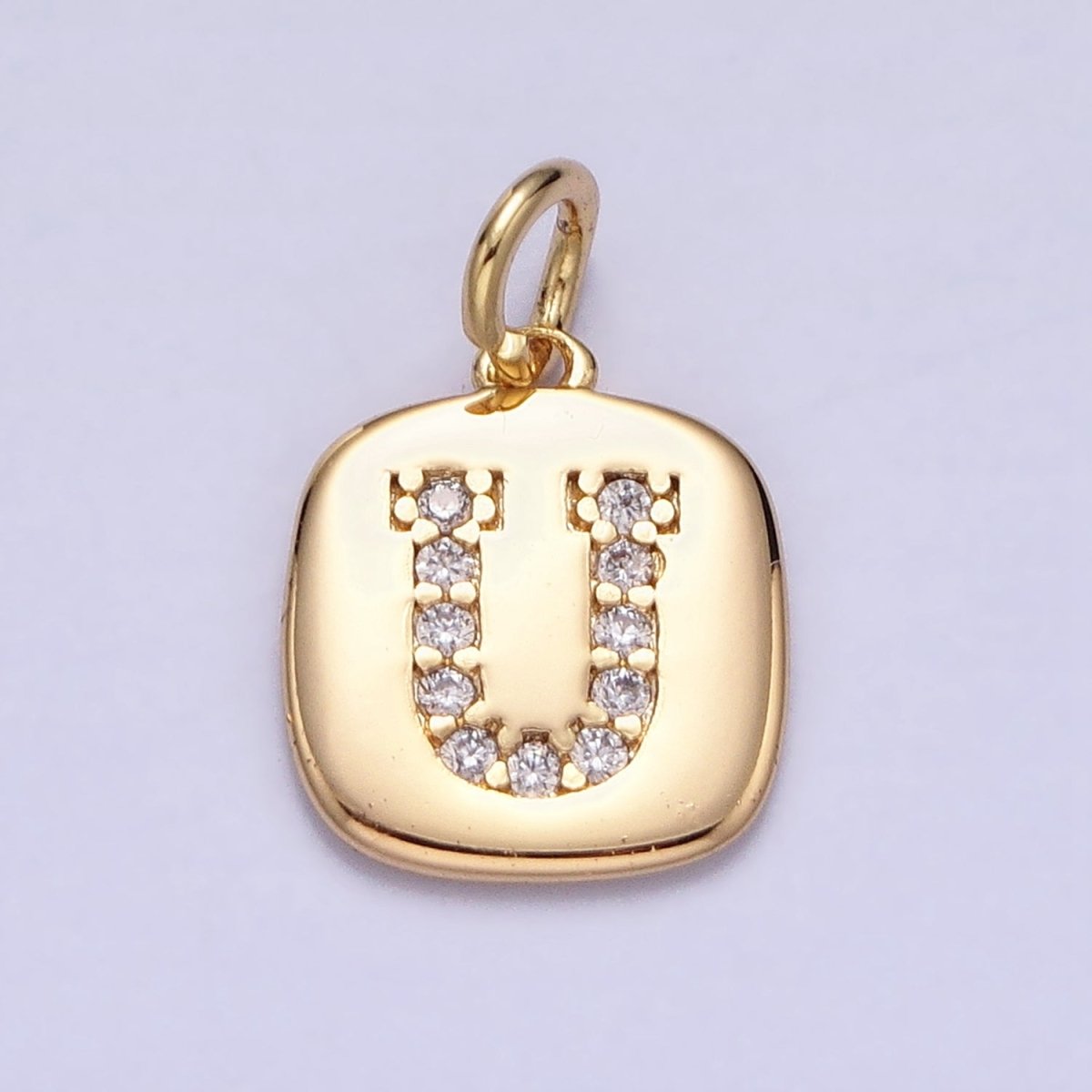 Gold Tag Square CZ Clear Micro Paved Initial Alphabet Dainty Personalized Name Tag Charm | A198-A210