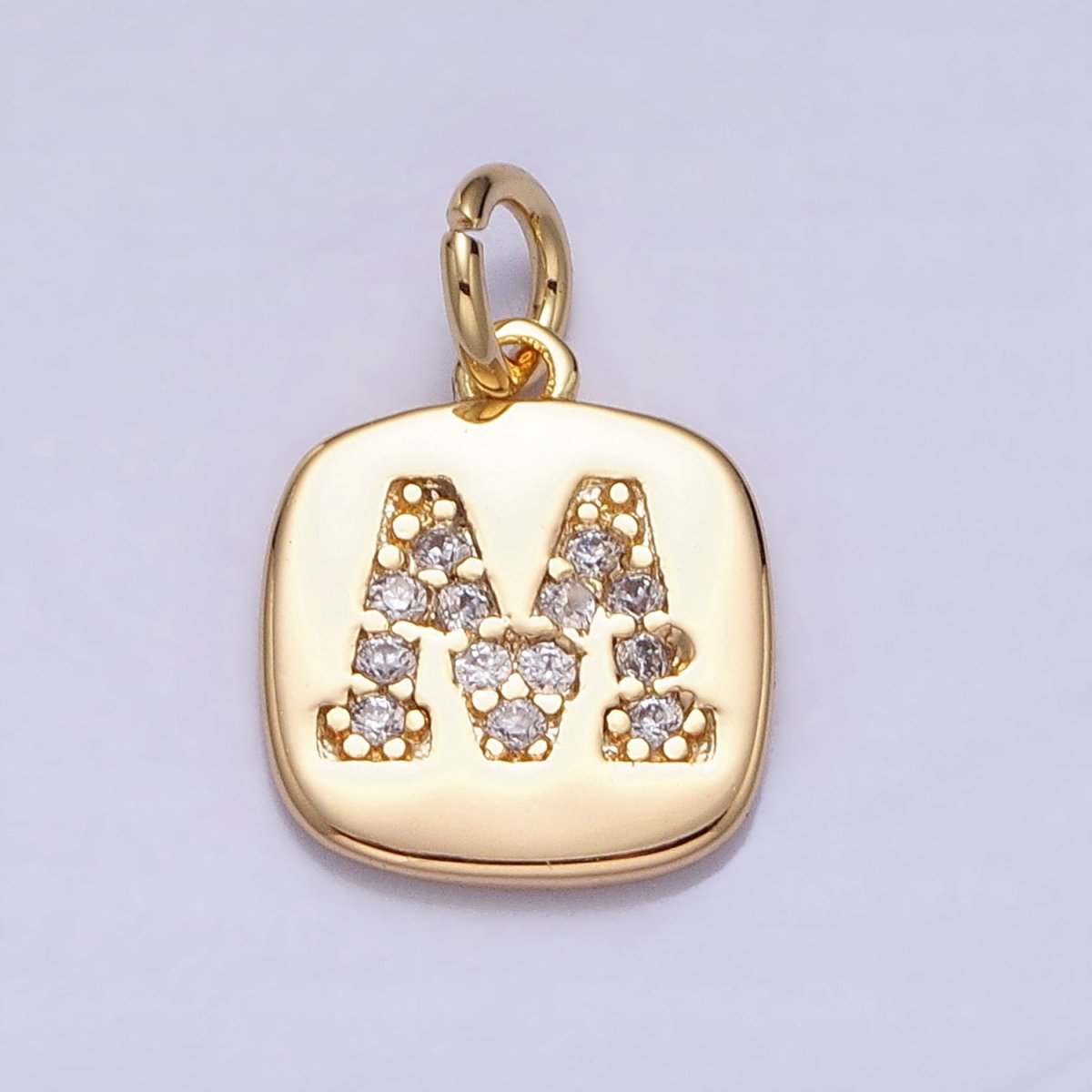 Gold Tag Square CZ Clear Micro Paved Initial Alphabet Dainty Personalized Name Tag Charm | A198-A210