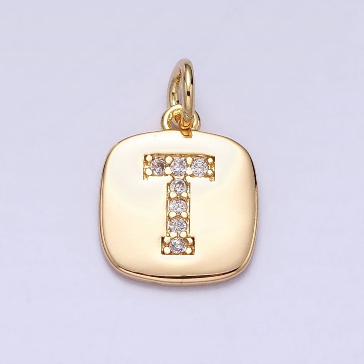 Gold Tag Square CZ Clear Micro Paved Initial Alphabet Dainty Personalized Name Tag Charm | A198-A210