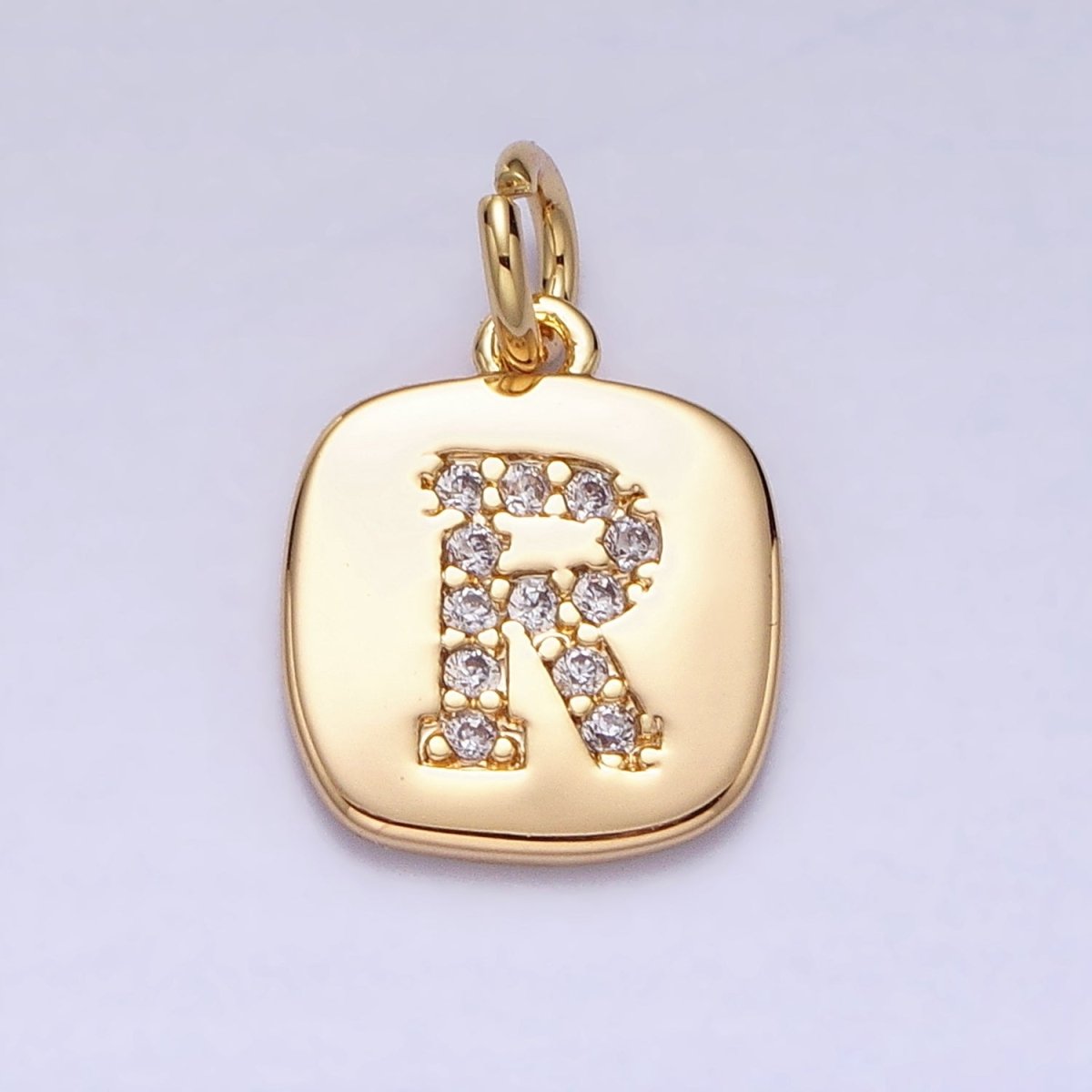 Gold Tag Square CZ Clear Micro Paved Initial Alphabet Dainty Personalized Name Tag Charm | A198-A210