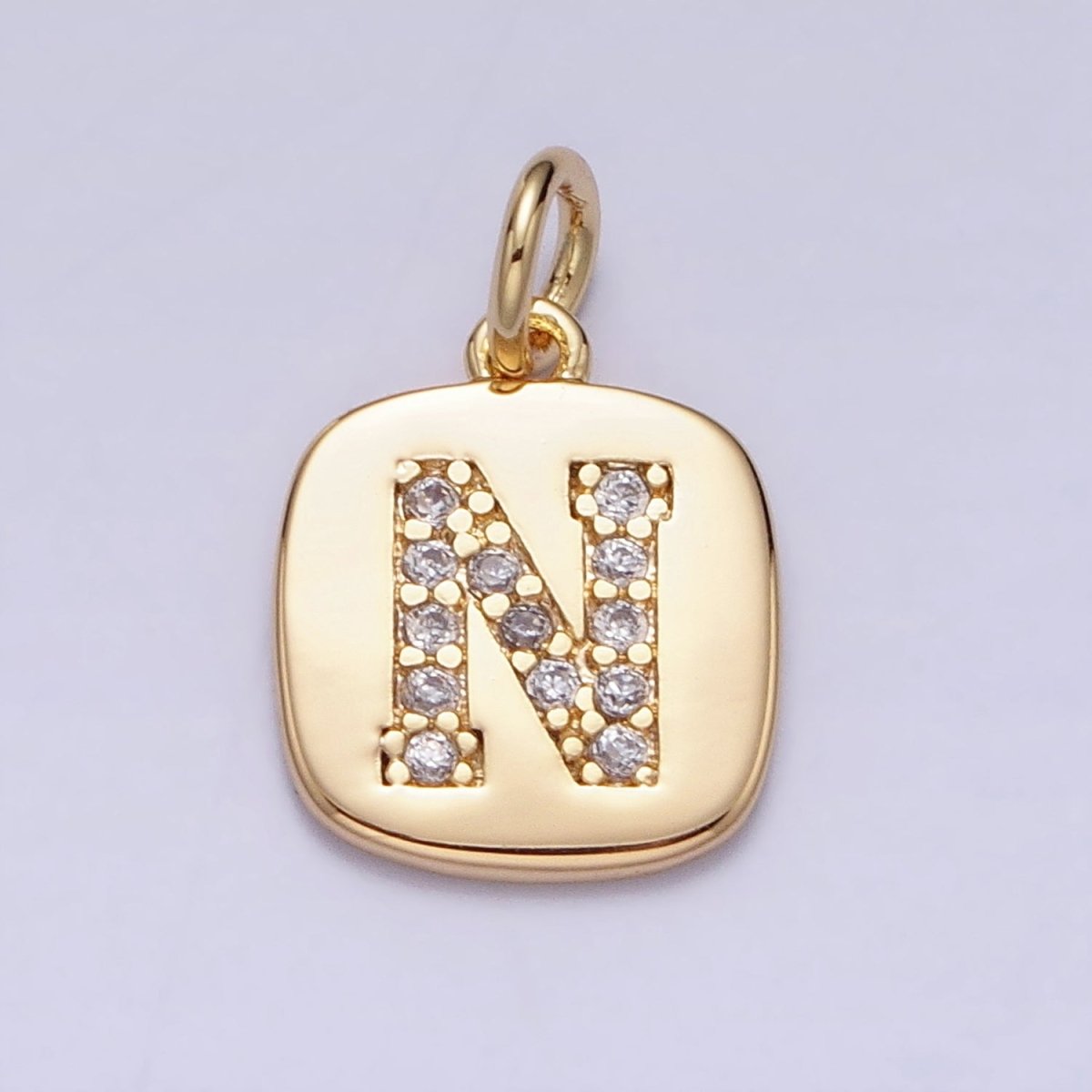 Gold Tag Square CZ Clear Micro Paved Initial Alphabet Dainty Personalized Name Tag Charm | A198-A210