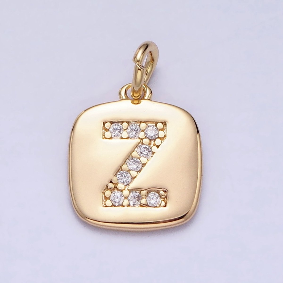 Gold Tag Square CZ Clear Micro Paved Initial Alphabet Dainty Personalized Name Tag Charm | A198-A210