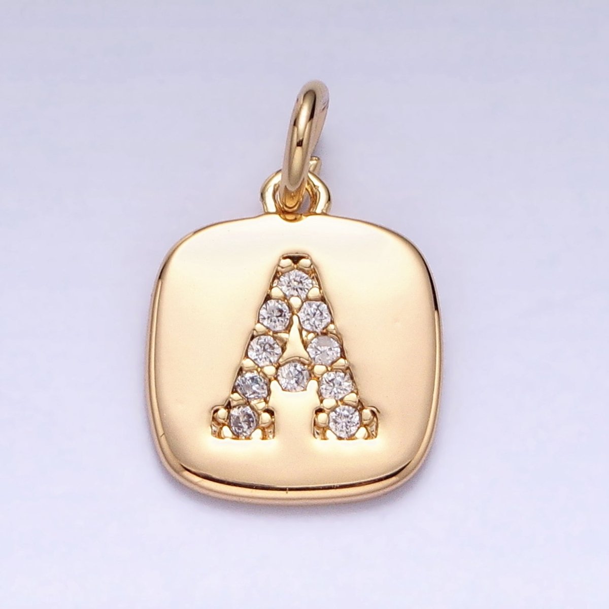 Gold Tag Square CZ Clear Micro Paved Initial Alphabet Dainty Personalized Name Tag Charm | A198-A210