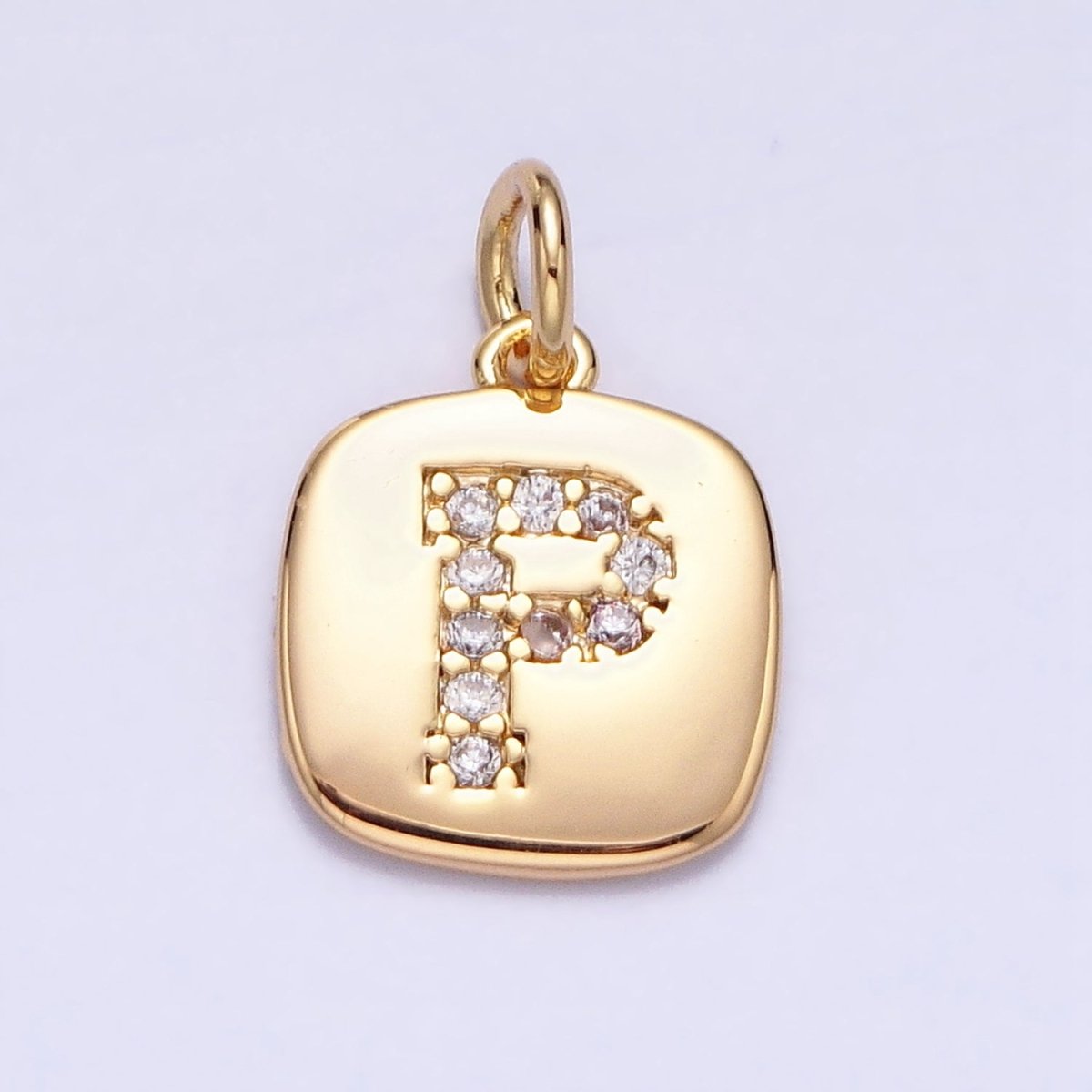 Gold Tag Square CZ Clear Micro Paved Initial Alphabet Dainty Personalized Name Tag Charm | A198-A210