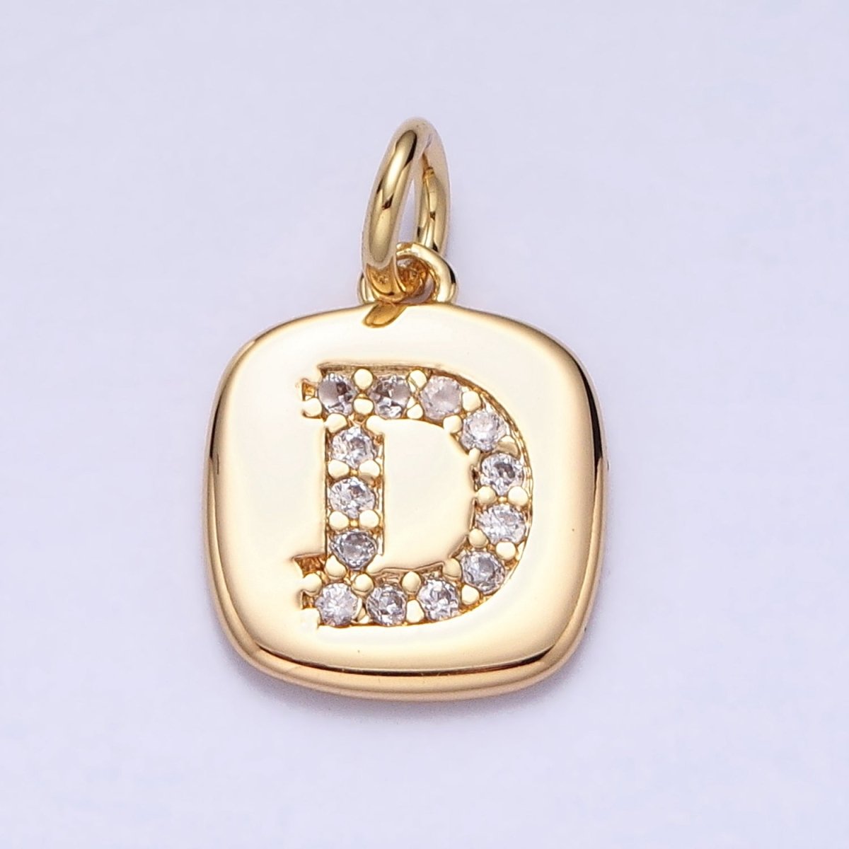Gold Tag Square CZ Clear Micro Paved Initial Alphabet Dainty Personalized Name Tag Charm | A198-A210