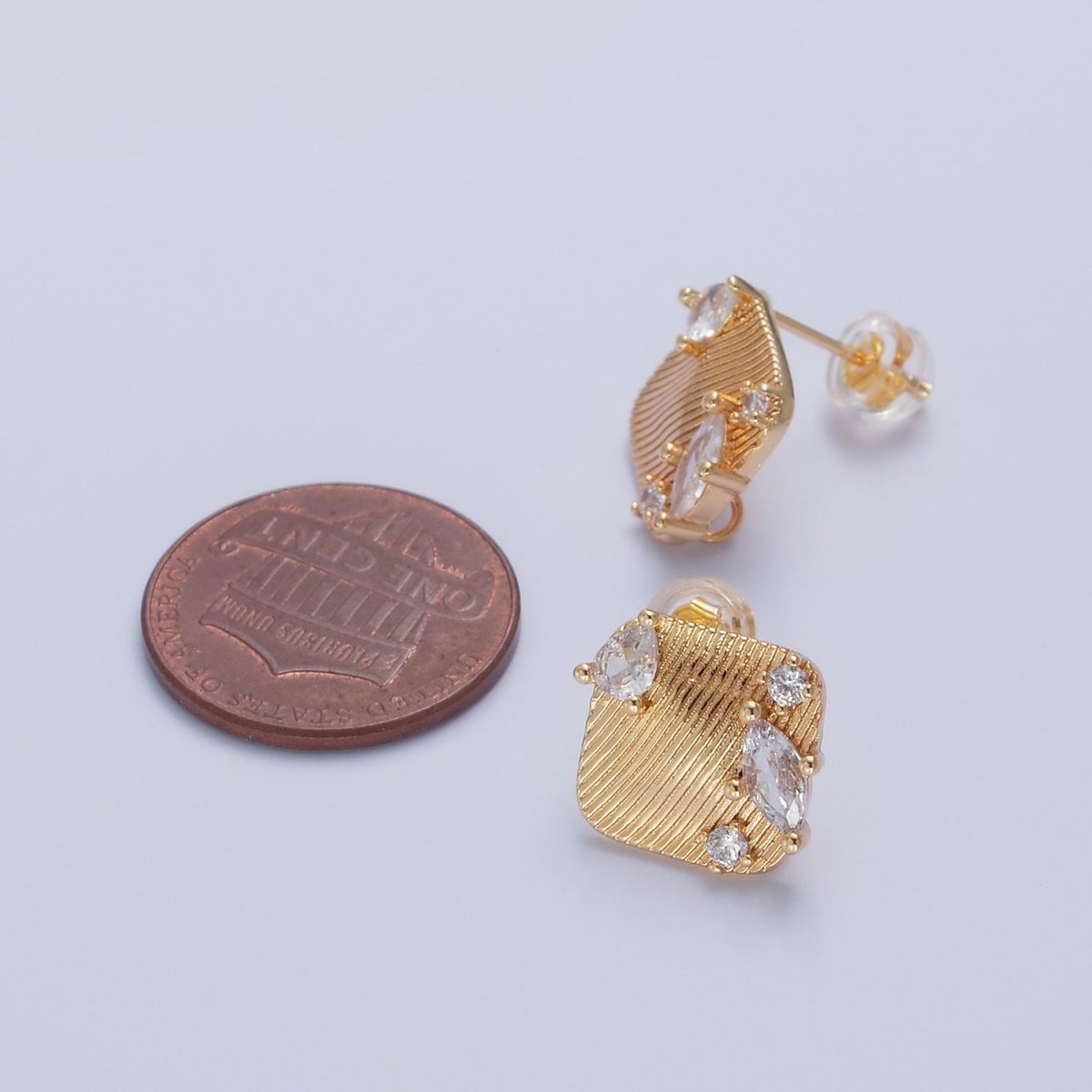 Gold Textured Rhombus Marquise Teardrop Round Cubic Zirconia Stud Drop Earrings Supply   L-770