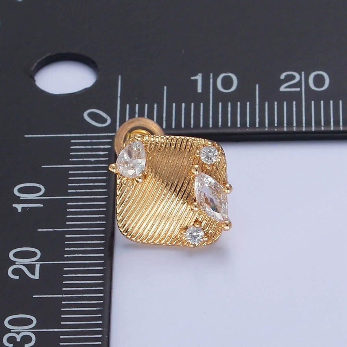 Gold Textured Rhombus Marquise Teardrop Round Cubic Zirconia Stud Drop Earrings Supply   L-770