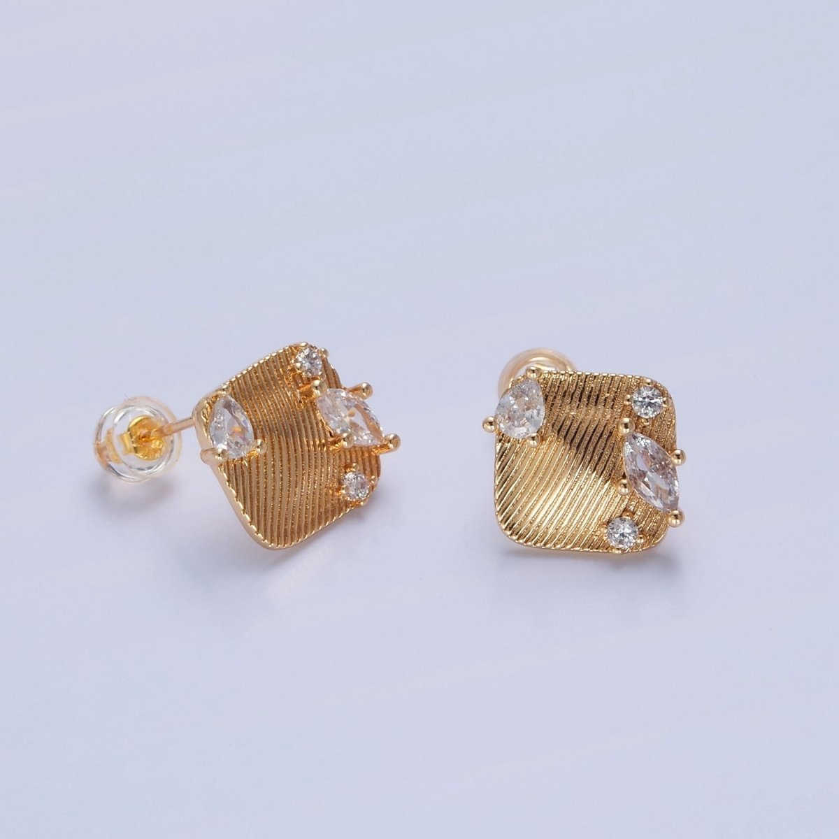 Gold Textured Rhombus Marquise Teardrop Round Cubic Zirconia Stud Drop Earrings Supply   L-770
