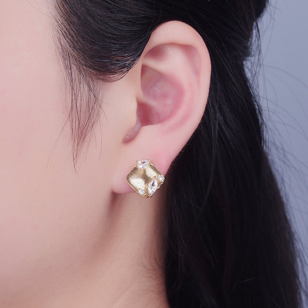 Gold Textured Rhombus Marquise Teardrop Round Cubic Zirconia Stud Drop Earrings Supply   L-770