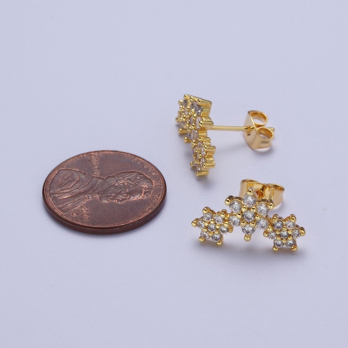 Gold Triple Clear Star Flower Stud Earring Cubic Zirconia Floral Stud Earrings Jewelry | P-275