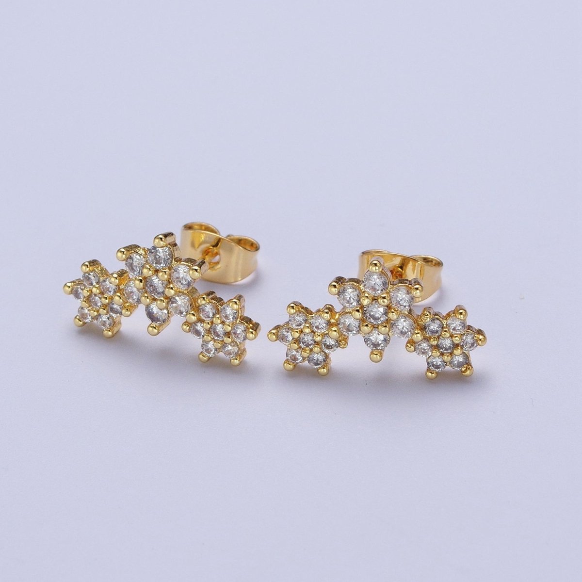 Gold Triple Clear Star Flower Stud Earring Cubic Zirconia Floral Stud Earrings Jewelry | P-275