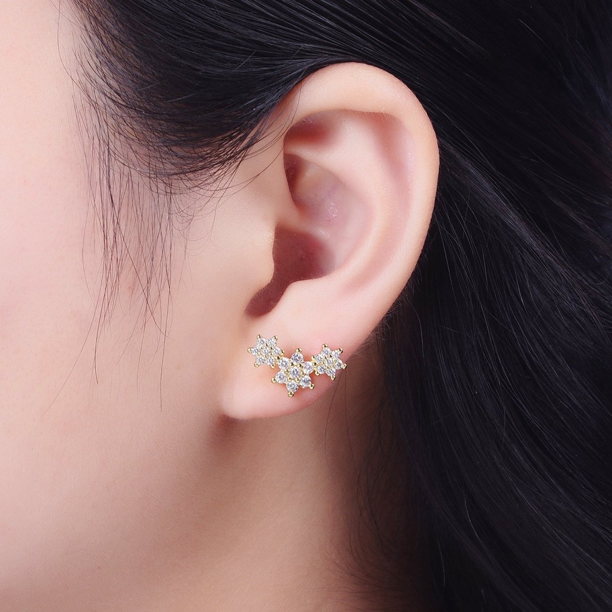 Gold Triple Clear Star Flower Stud Earring Cubic Zirconia Floral Stud Earrings Jewelry | P-275