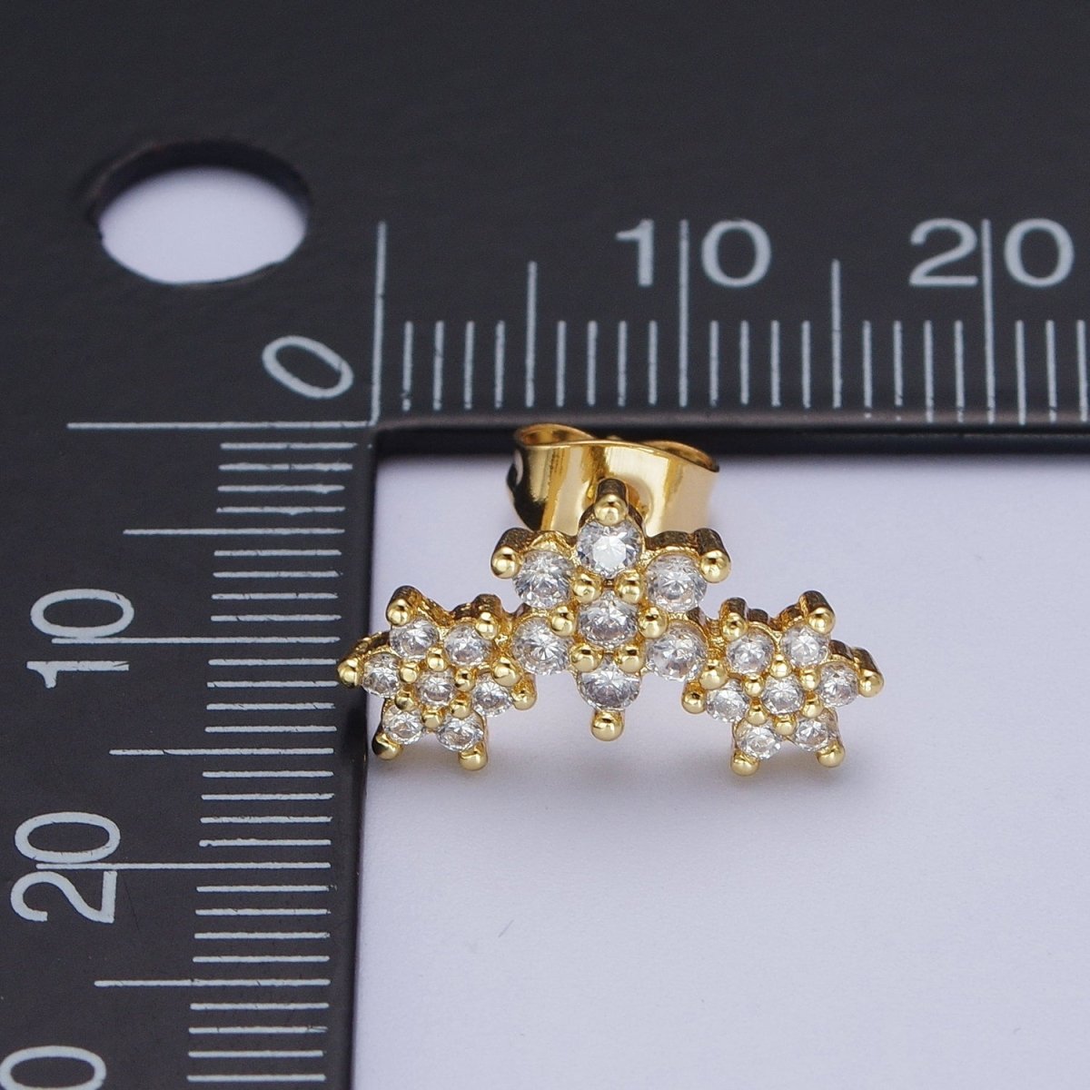 Gold Triple Clear Star Flower Stud Earring Cubic Zirconia Floral Stud Earrings Jewelry | P-275