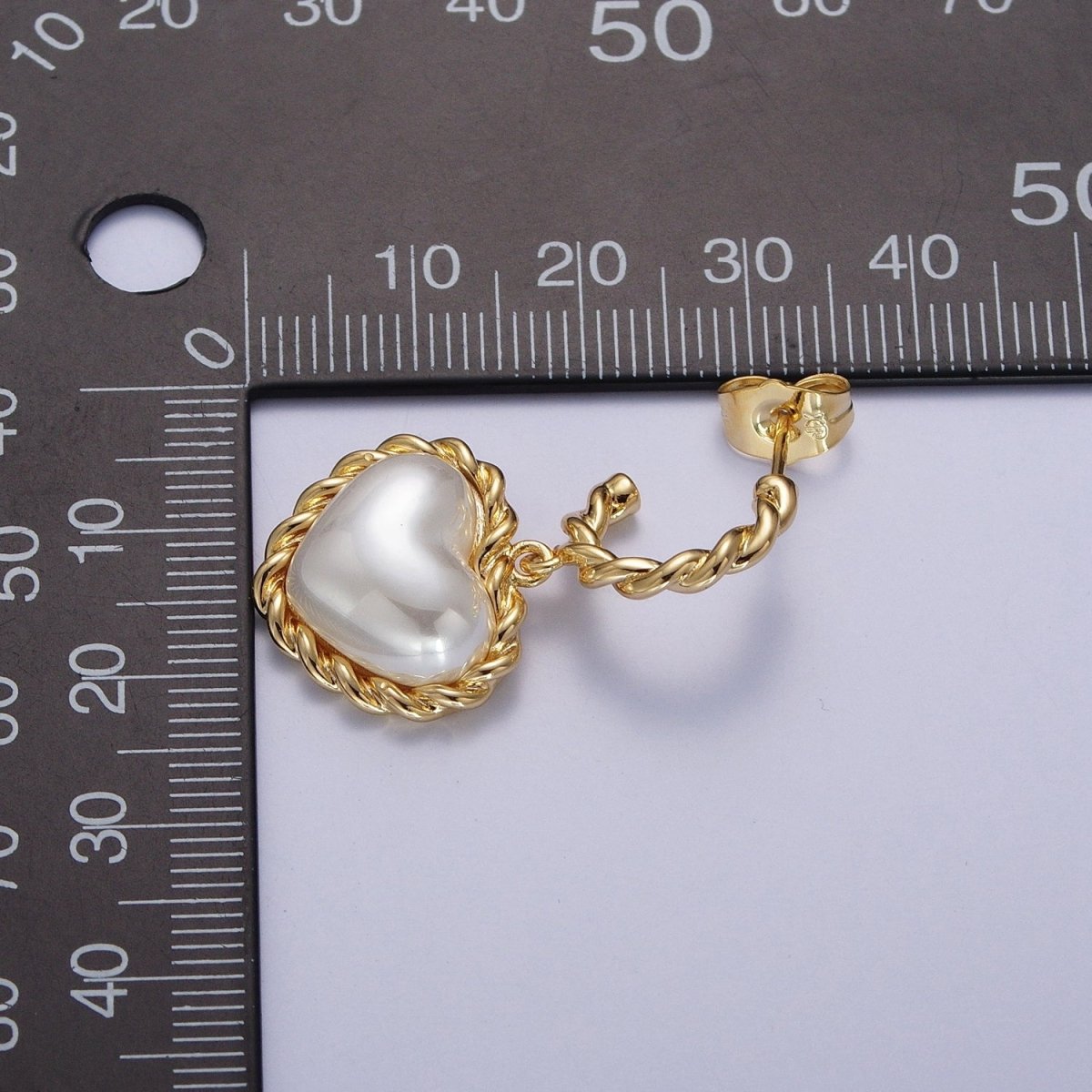 Gold Twist Rope C Shaped Hoop White Shell Heart Pearl Dangle Drop Stud Earrings | AD-061