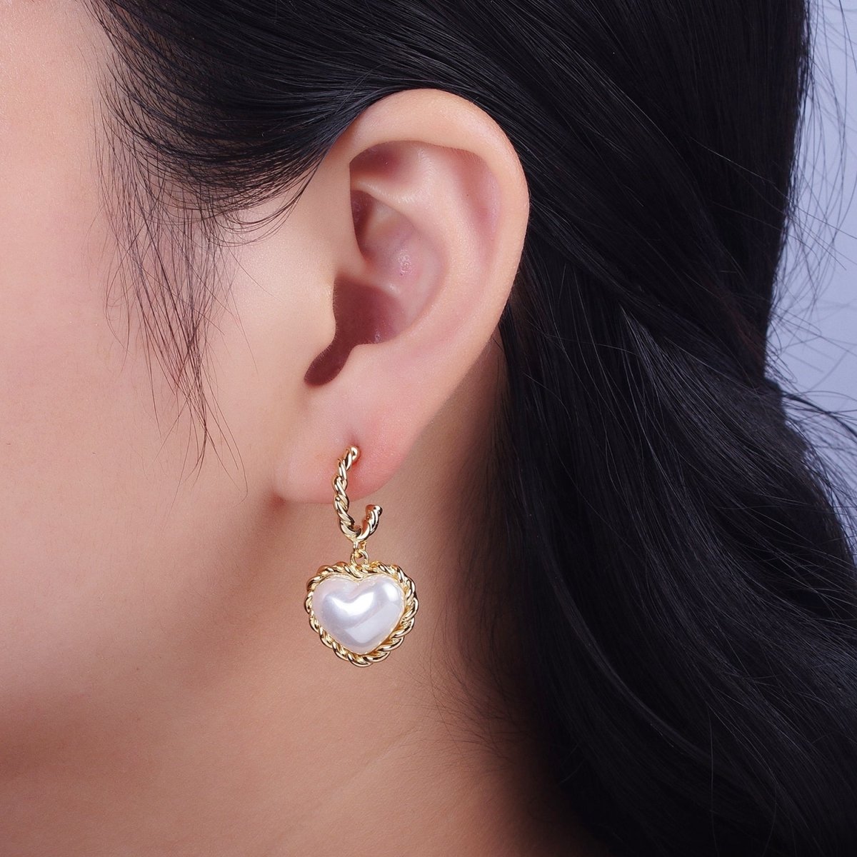 Gold Twist Rope C Shaped Hoop White Shell Heart Pearl Dangle Drop Stud Earrings | AD-061