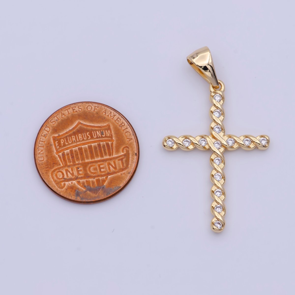 Gold Twisted Cross Round Cubic Zirconia Pendant For Religious Jewelry Making | X-498