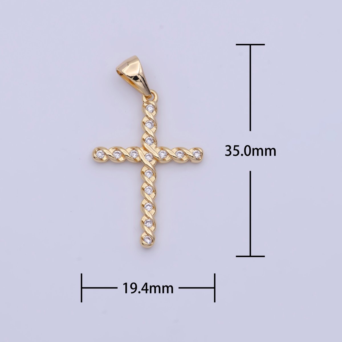 Gold Twisted Cross Round Cubic Zirconia Pendant For Religious Jewelry Making | X-498