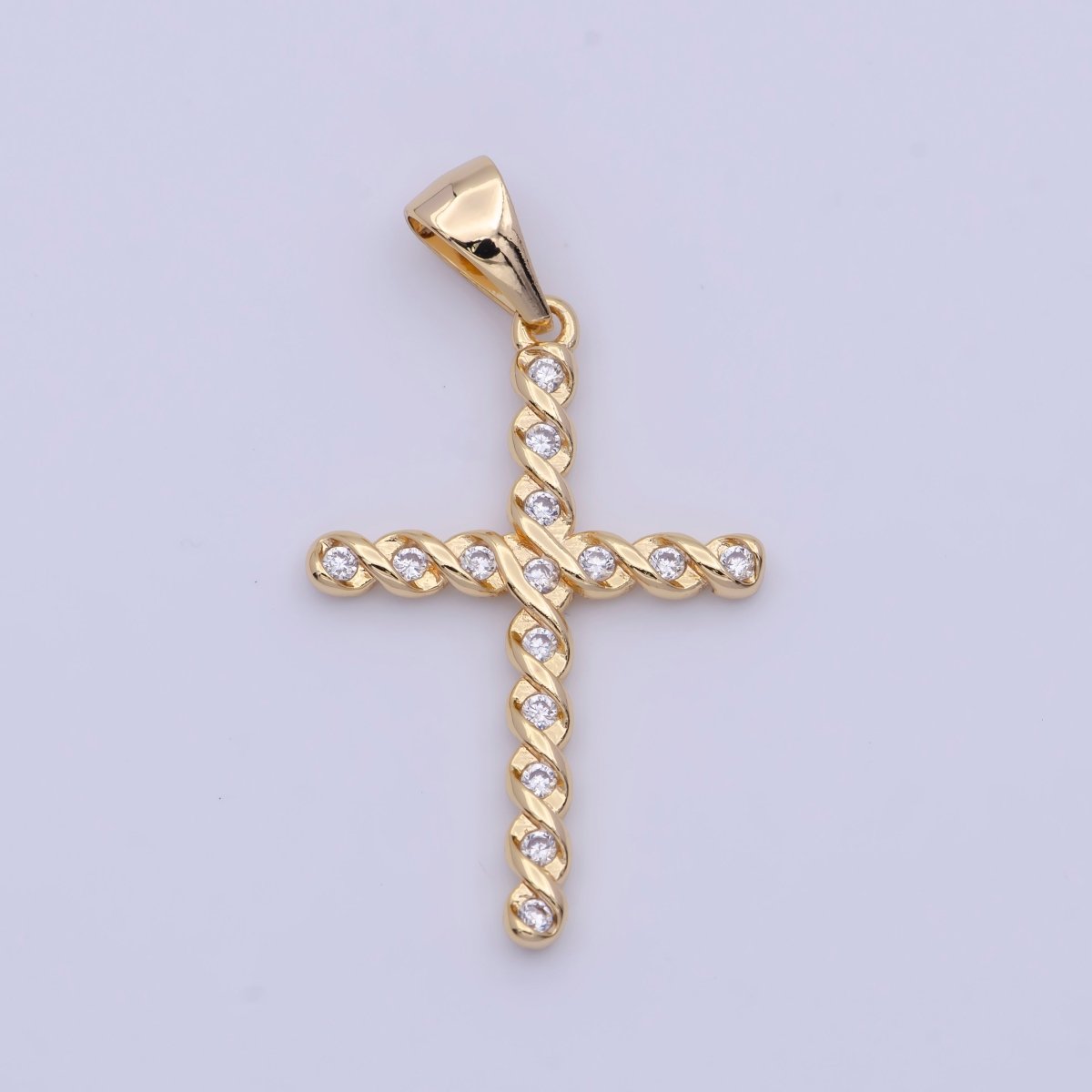 Gold Twisted Cross Round Cubic Zirconia Pendant For Religious Jewelry Making | X-498