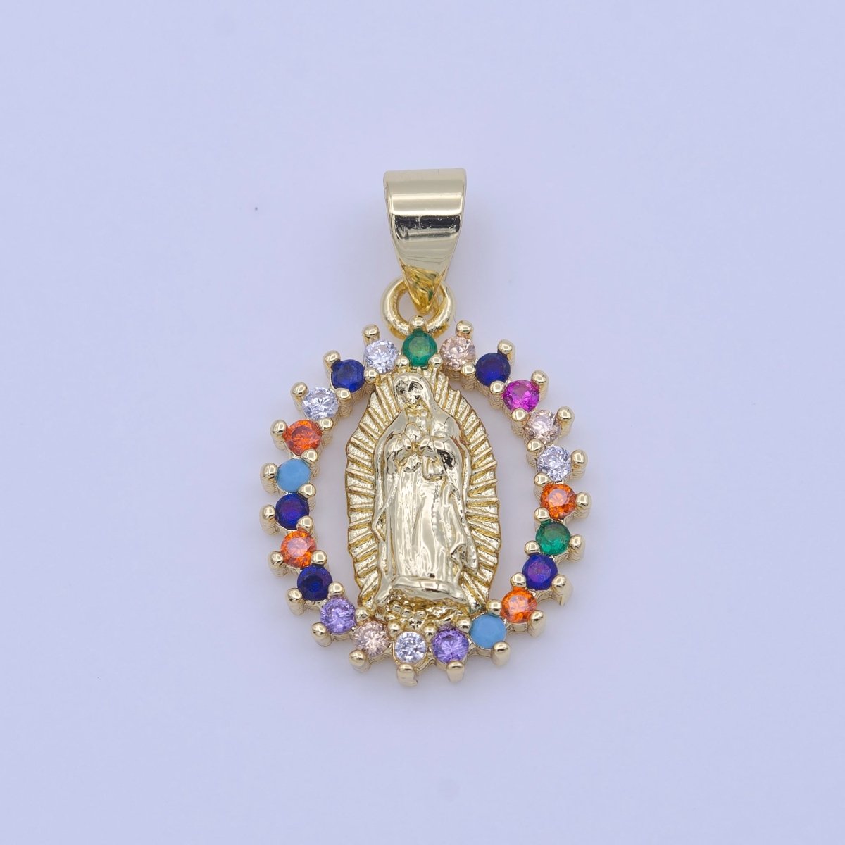 Gold Virgin Mary Lady Guadalupe Open Opal Multicolor CZ Religious Pendant H-251