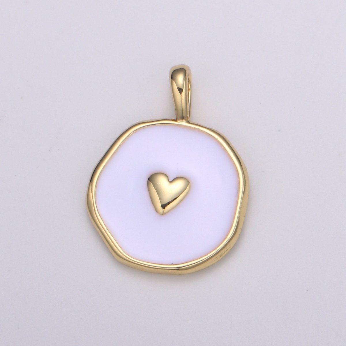 Gold White Enamel Heart Charms, Golden Heart charm in Round Disc Charm Medallion for Necklace, Paint my Heart DIY craft E-189