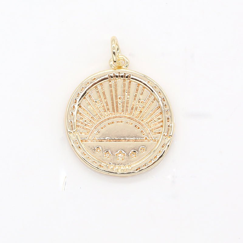 Golden Rustic Sun Rise Medallion Charm Morning Sunshine Coin Charm Pendant AC-1446