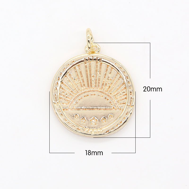 Golden Rustic Sun Rise Medallion Charm Morning Sunshine Coin Charm Pendant AC-1446