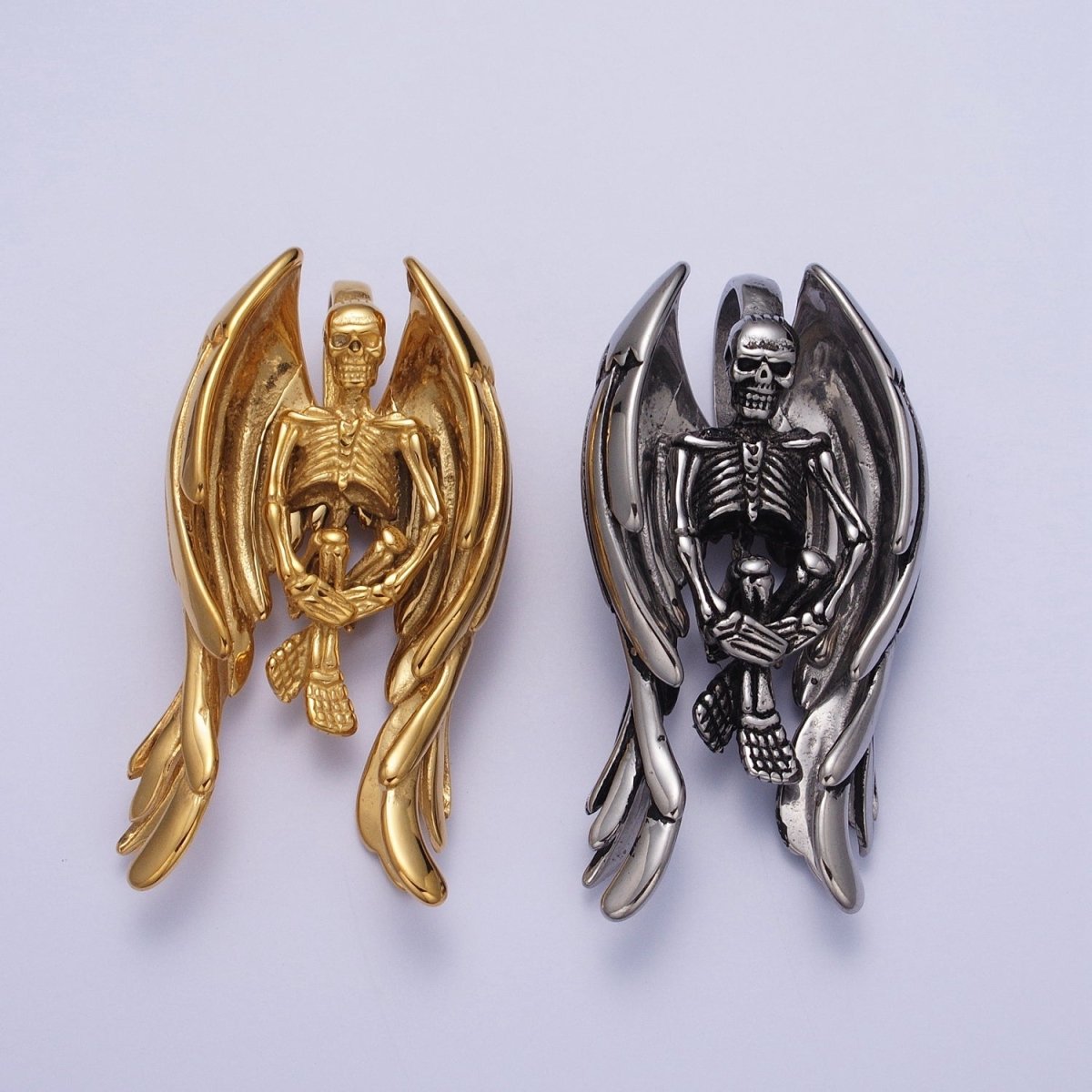 Gothic Winged Skeleton Stainless Steel Pendant in Gold & Silver | X-665 X-666