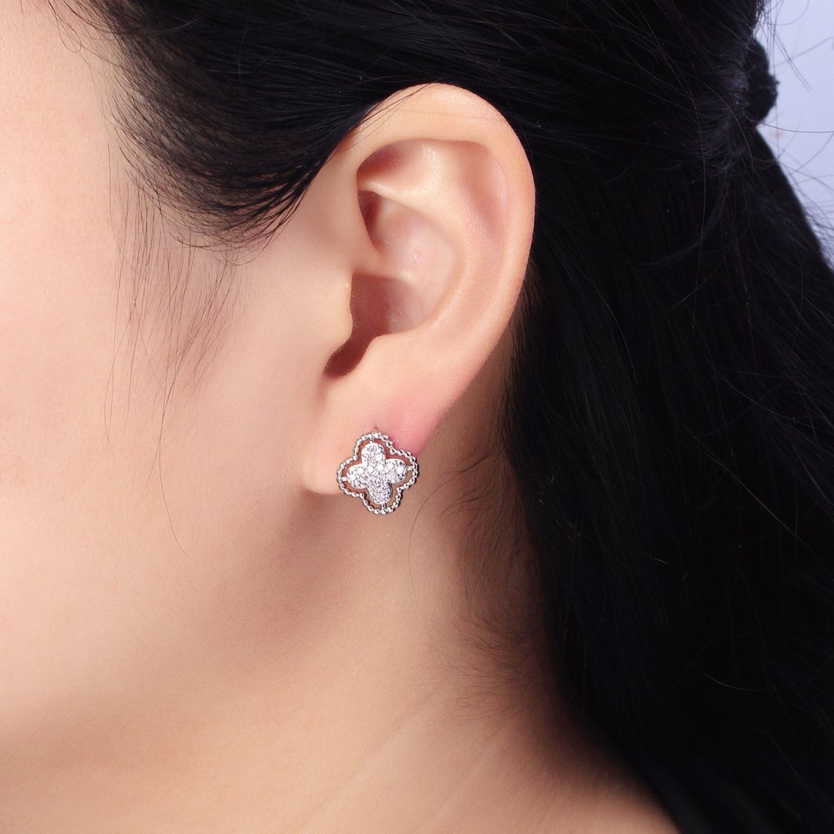 Green, Clear, Pink Micro Paved CZ Beaded Quatrefoil Clover Stud Earrings in Gold & Silver | AB404 - AB409