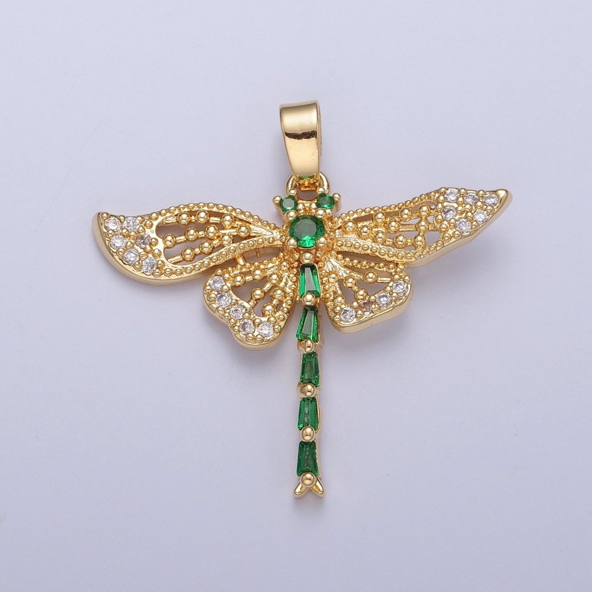 Green Emerald CZ Dragon Fly Necklace Charm Gold Insect Pendant Jewelry X-324