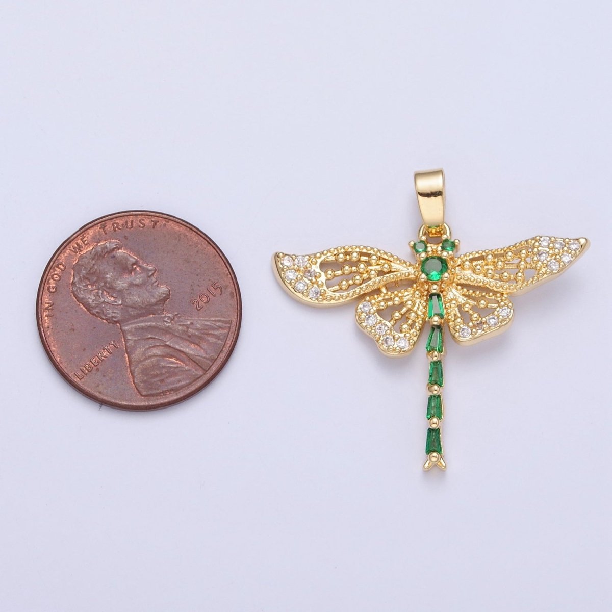 Green Emerald CZ Dragon Fly Necklace Charm Gold Insect Pendant Jewelry X-324