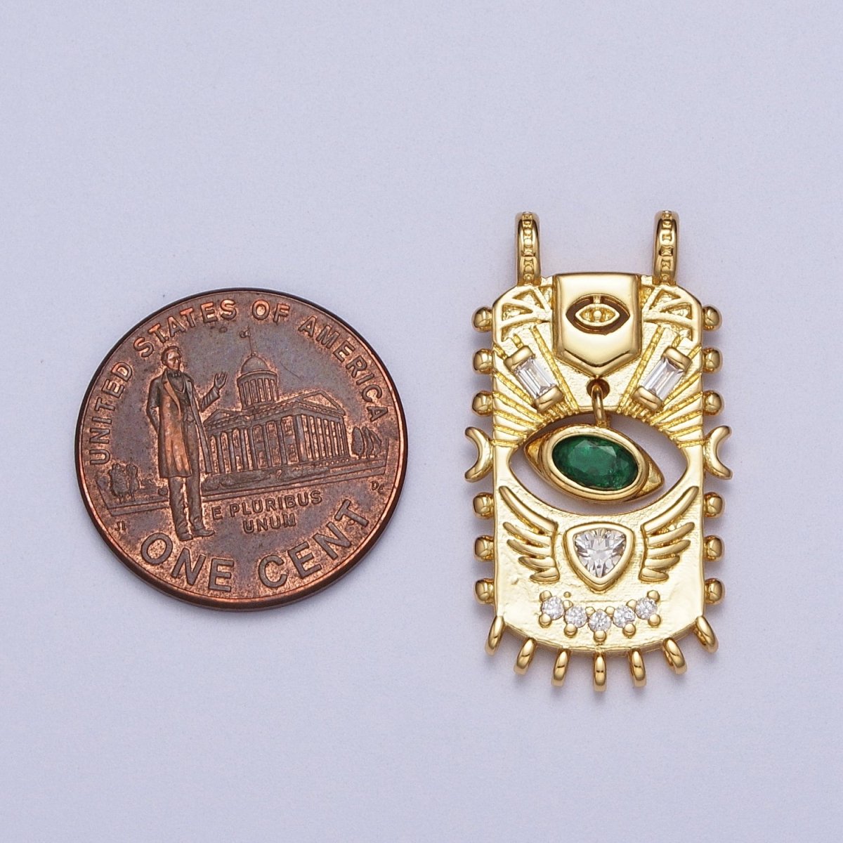 Green Evil Eye Dangle Baguette Tarot Card Gold Connector | Y-677