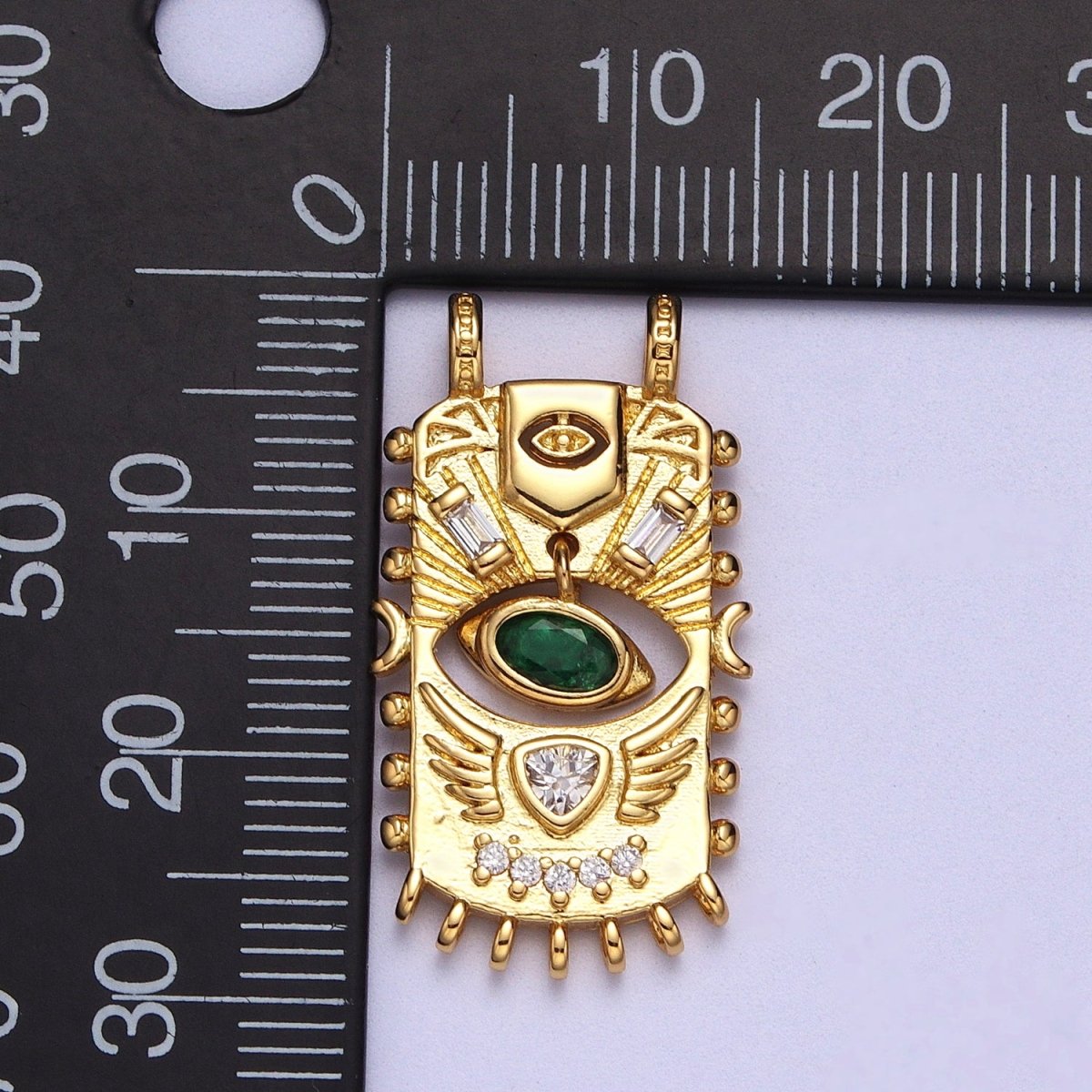 Green Evil Eye Dangle Baguette Tarot Card Gold Connector | Y-677