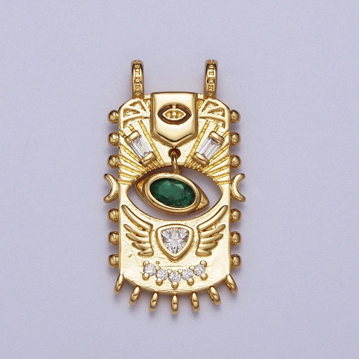 Green Evil Eye Dangle Baguette Tarot Card Gold Connector | Y-677