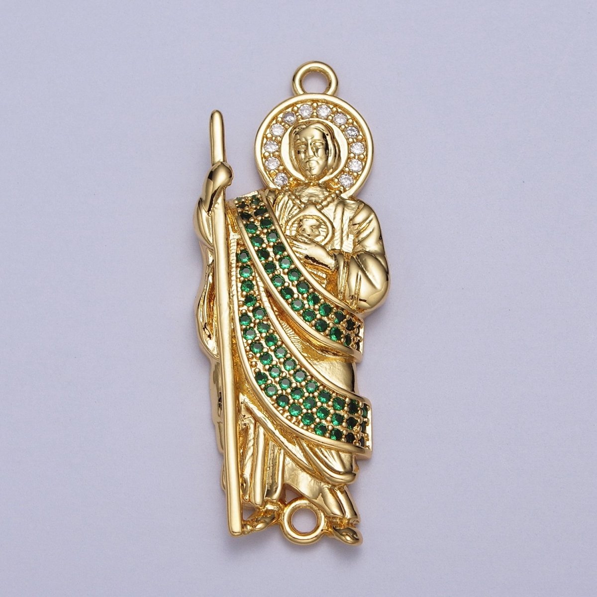 Green Micro Paved CZ Saint Jude Religious San Judas Tadeo Cadena Charm Connector for Bracelet  | Y-674